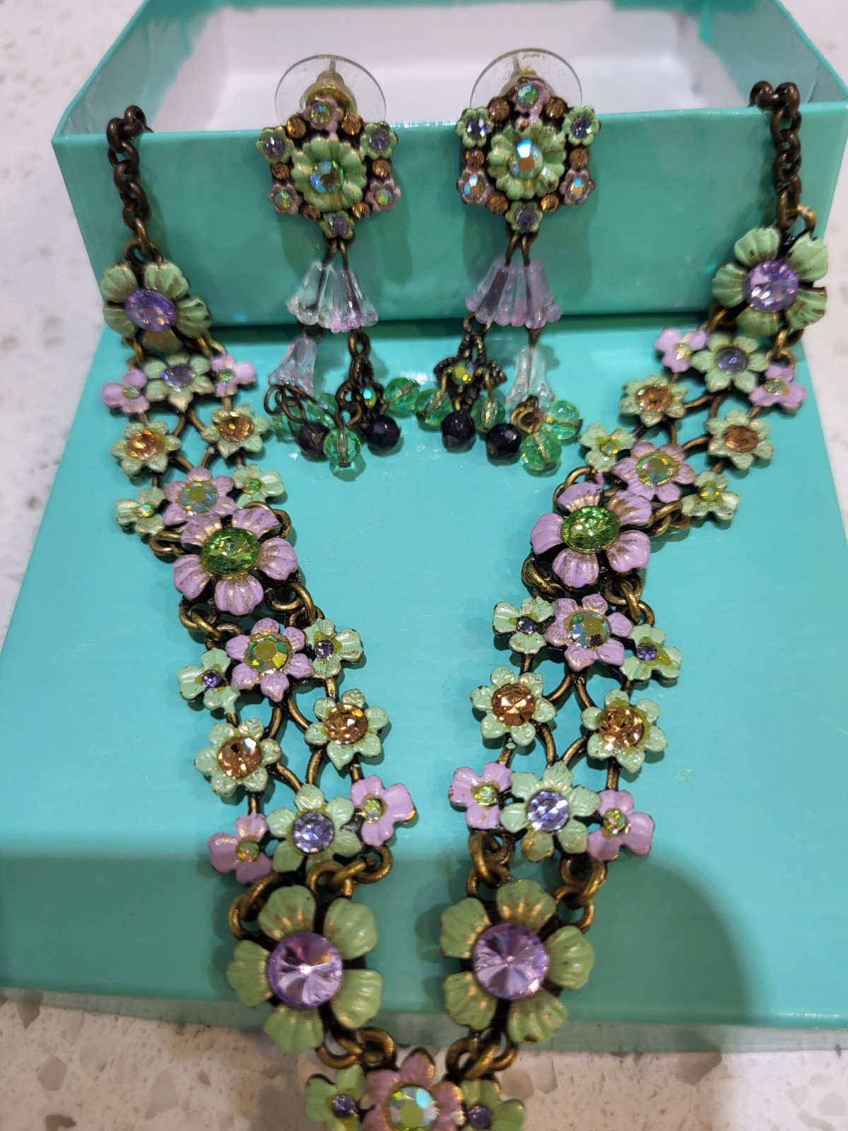 Vtg necklace, earring set Michael Morrison signed MX floral enamel with crystals