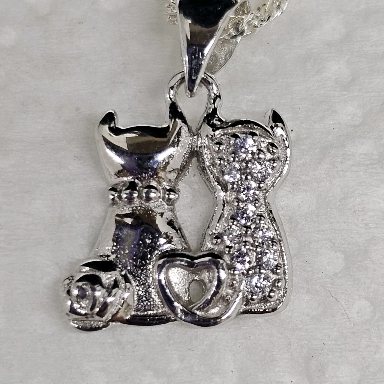 Cat Couple Friend 925 Sterling Cubic Zirconia Crystal 18” Italy Chain