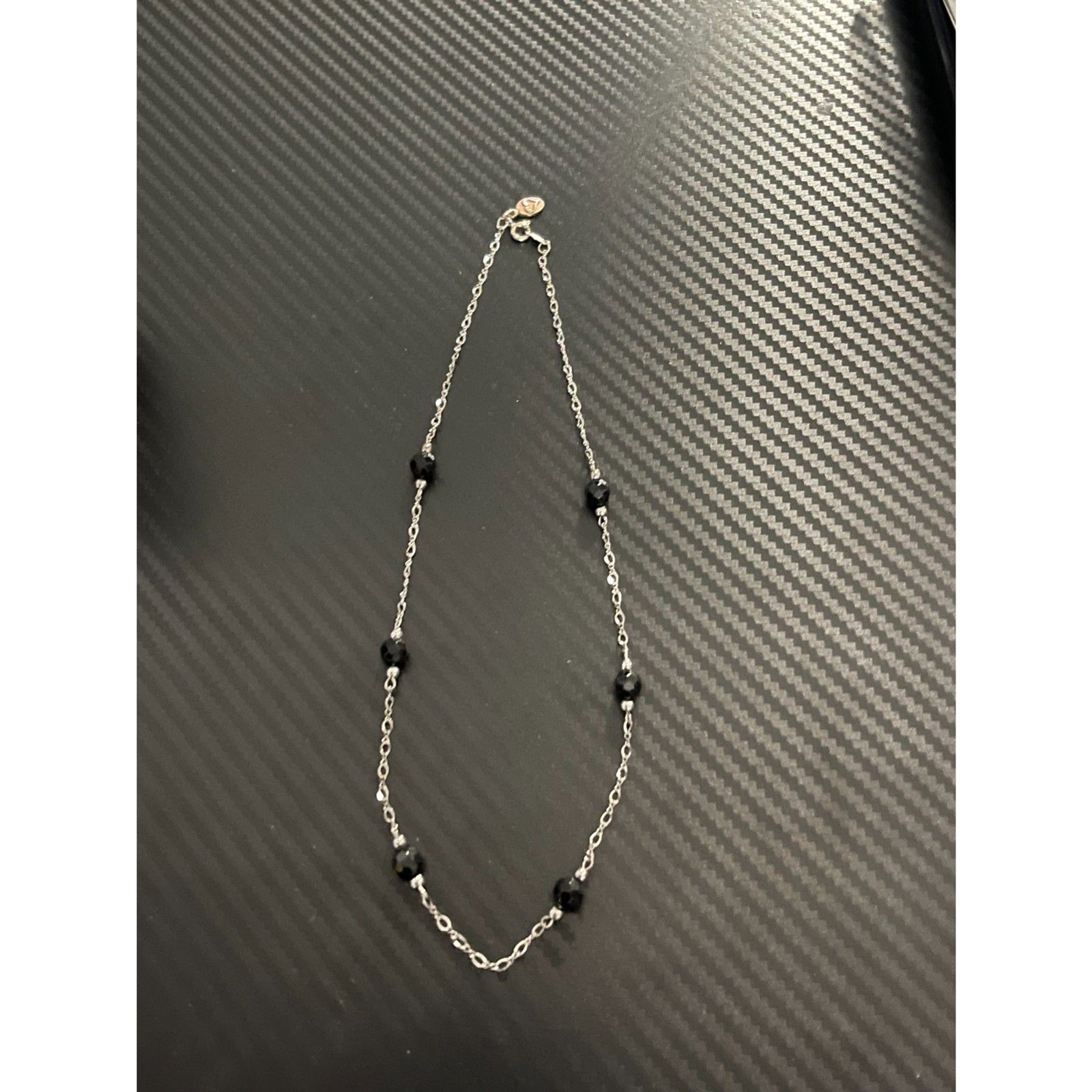 Vintage Sterling Silver Black Faceted Glass Crystal Station Necklace 4.6g MTM