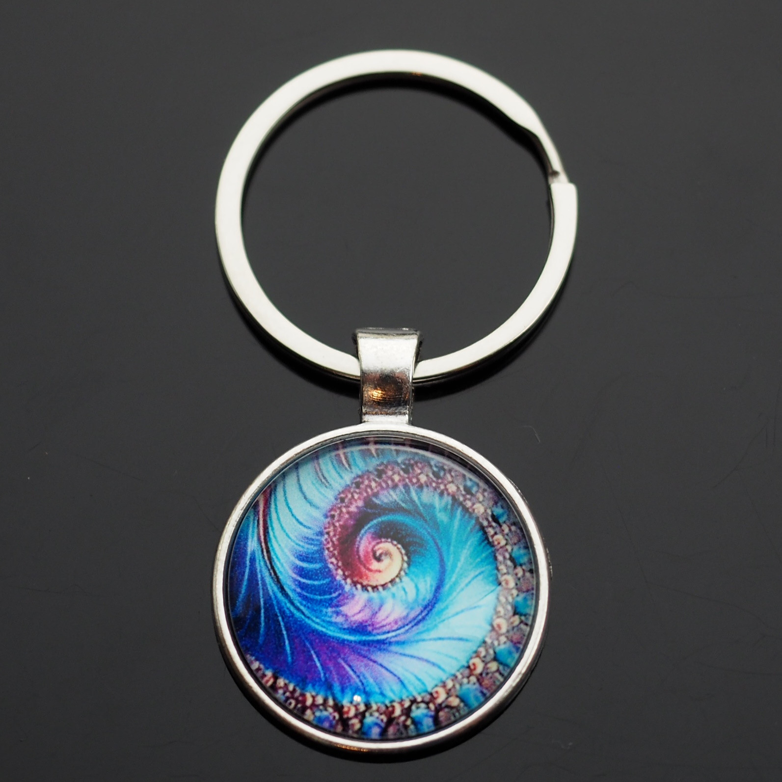 Fibonacci Spiral Fractal Sacred Geometry Glass Cabochon Dome Keychain