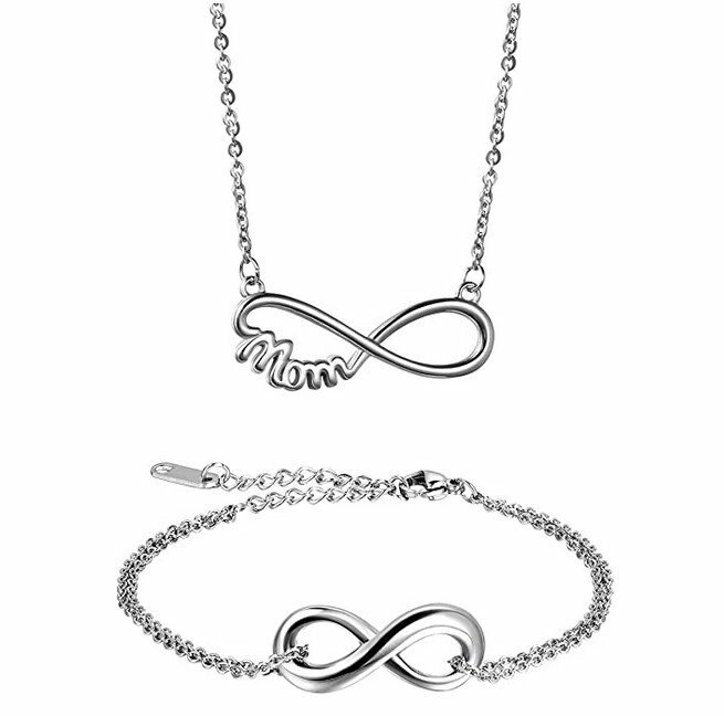 2Pcs Stainless Infinity Love Pendant Necklace Bracelet Set Mother Birthday Gift