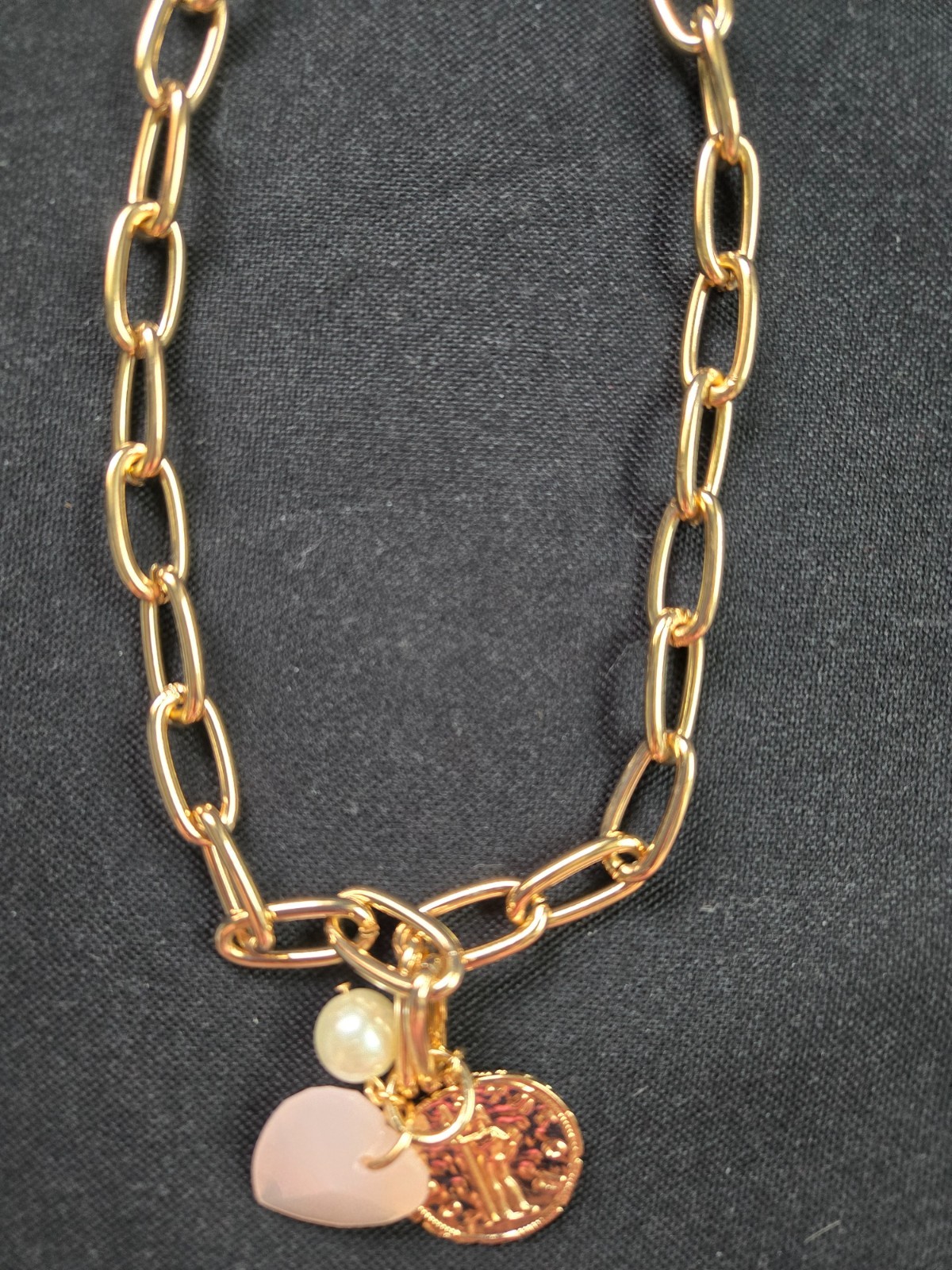 J.CREW Puffy Heart Pearl Coin Charms Gold Necklace, Retails $49.50 NWT!