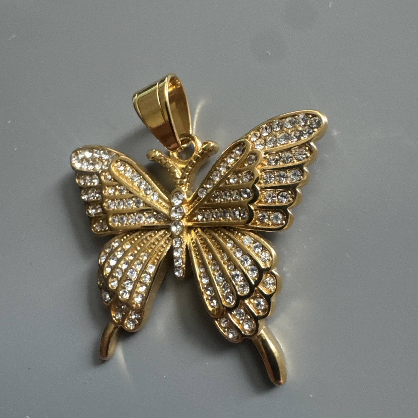 Butterfly Gold Tone Pendant Necklace Stainless Steel Gift Her Cubic Zirconia Fly