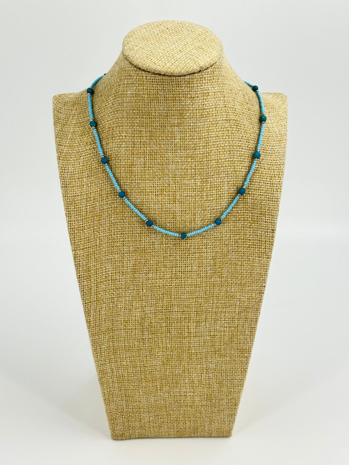Blue Beaded Necklace 16 Inch Turquoise Glass Beads Silver Tone Handmade
