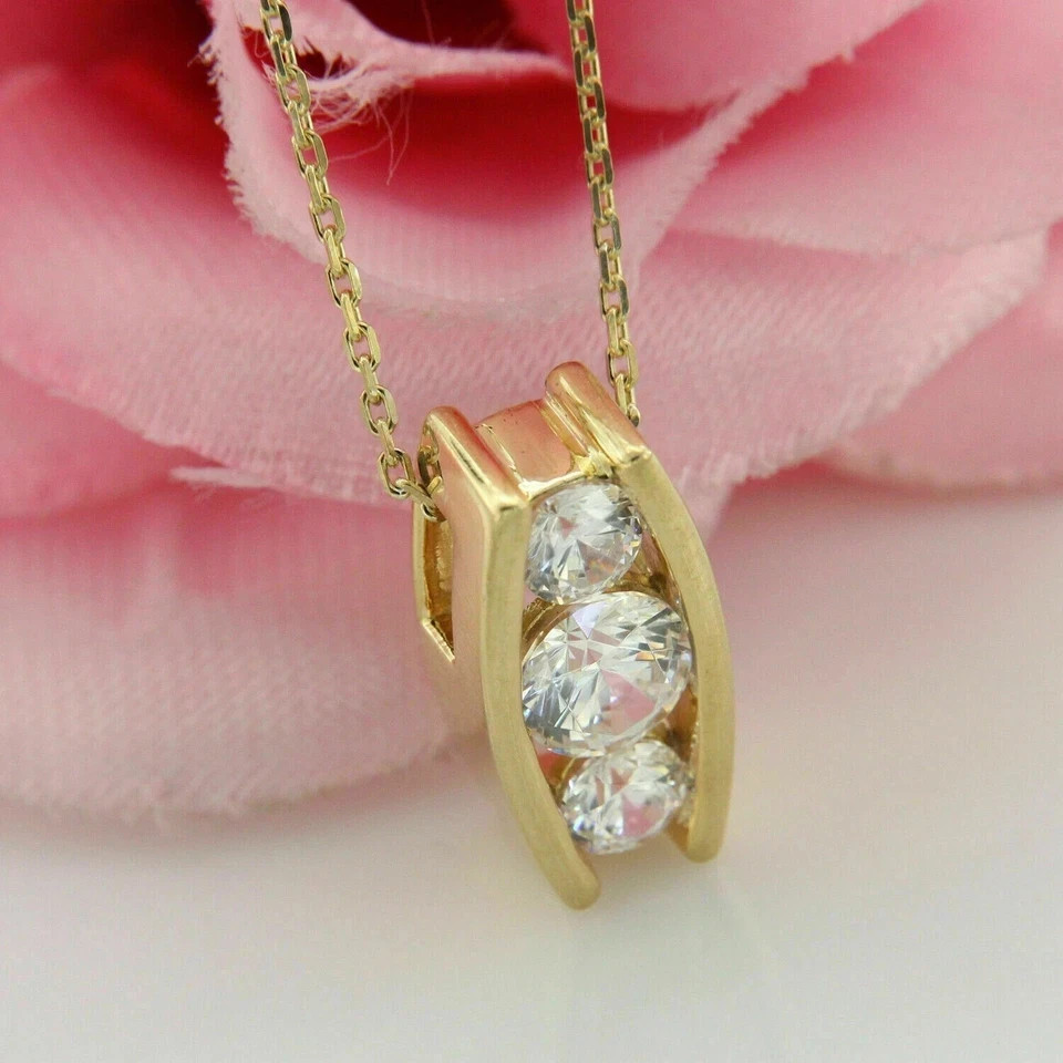 Three Stone Round 3 CT Simulated Diamond 14K Yellow Gold Plated Women Pendant