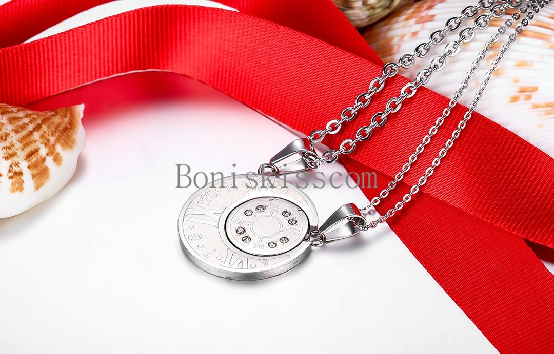 His and Hers Matching Roman Numeral Round Compass Couple Pendant Necklaces 2pcs