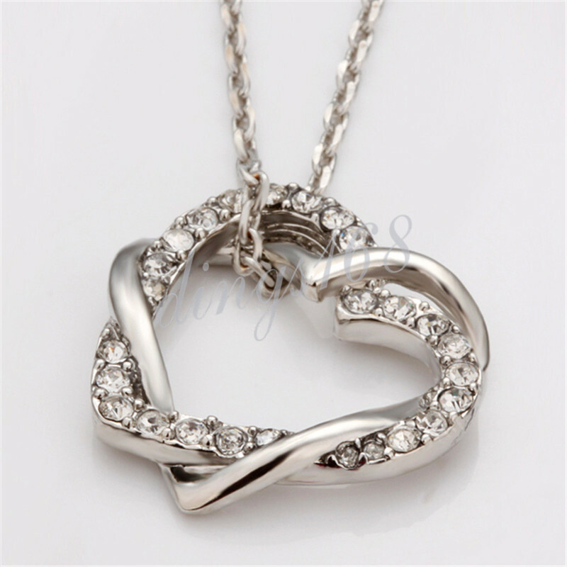 18K White Gold Filled Hypo-allergenic Crystal Double Heart Pendant Necklace L028
