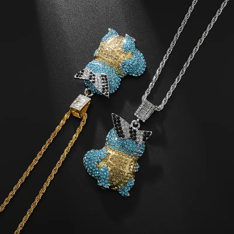 Squirtle Turtle Hip Hop Iced Cubic Zirconia Pendant Rope Chain Bling Necklace