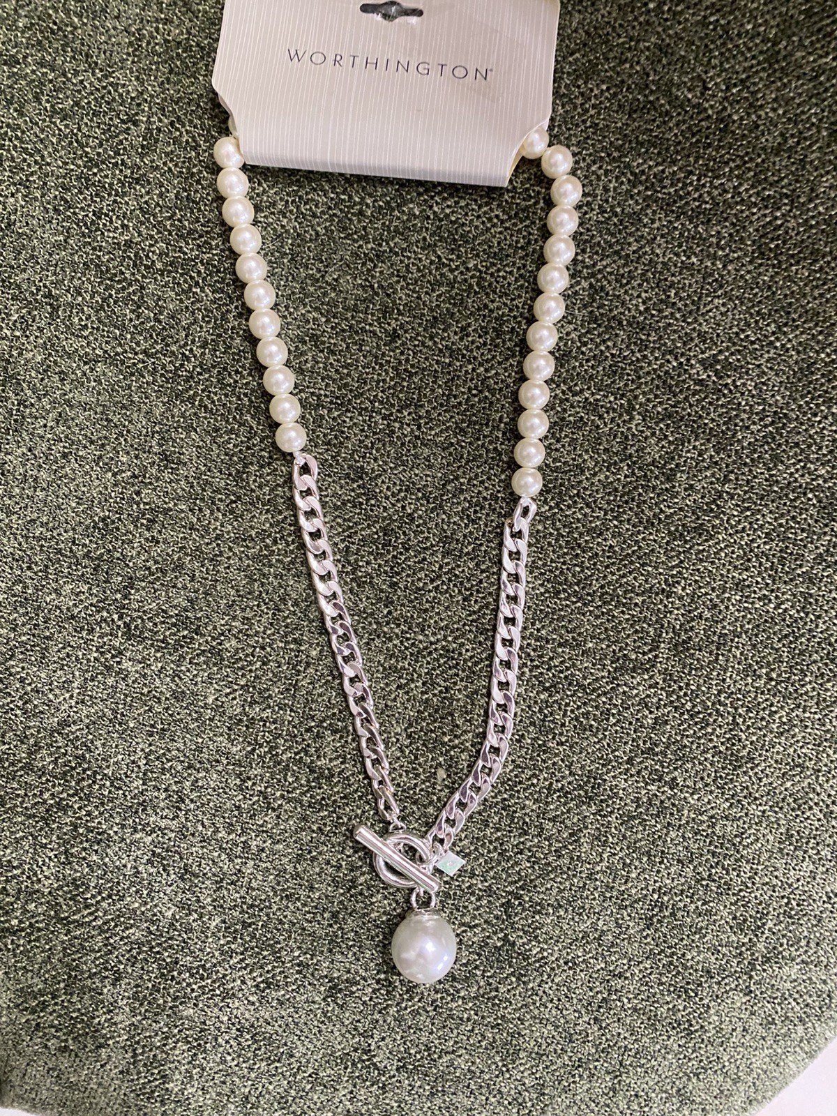 Faux Pearl And Silver tone Toggle Necklace
