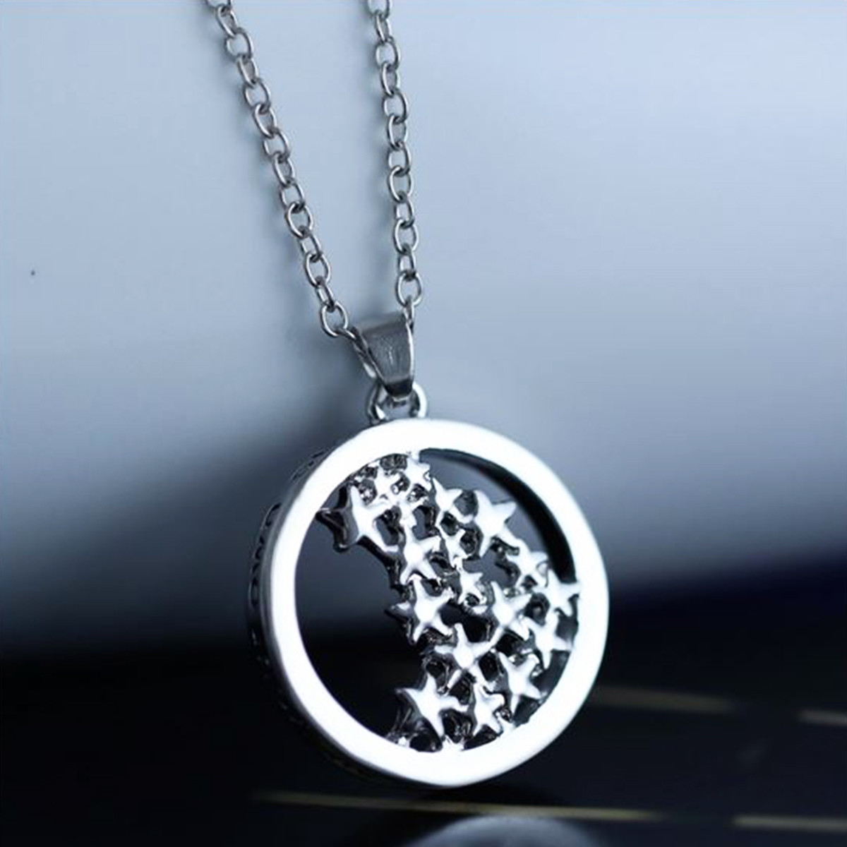 Engraved Necklace 14k White Gold Plated Star Round Pendant Women Jewelry 18″