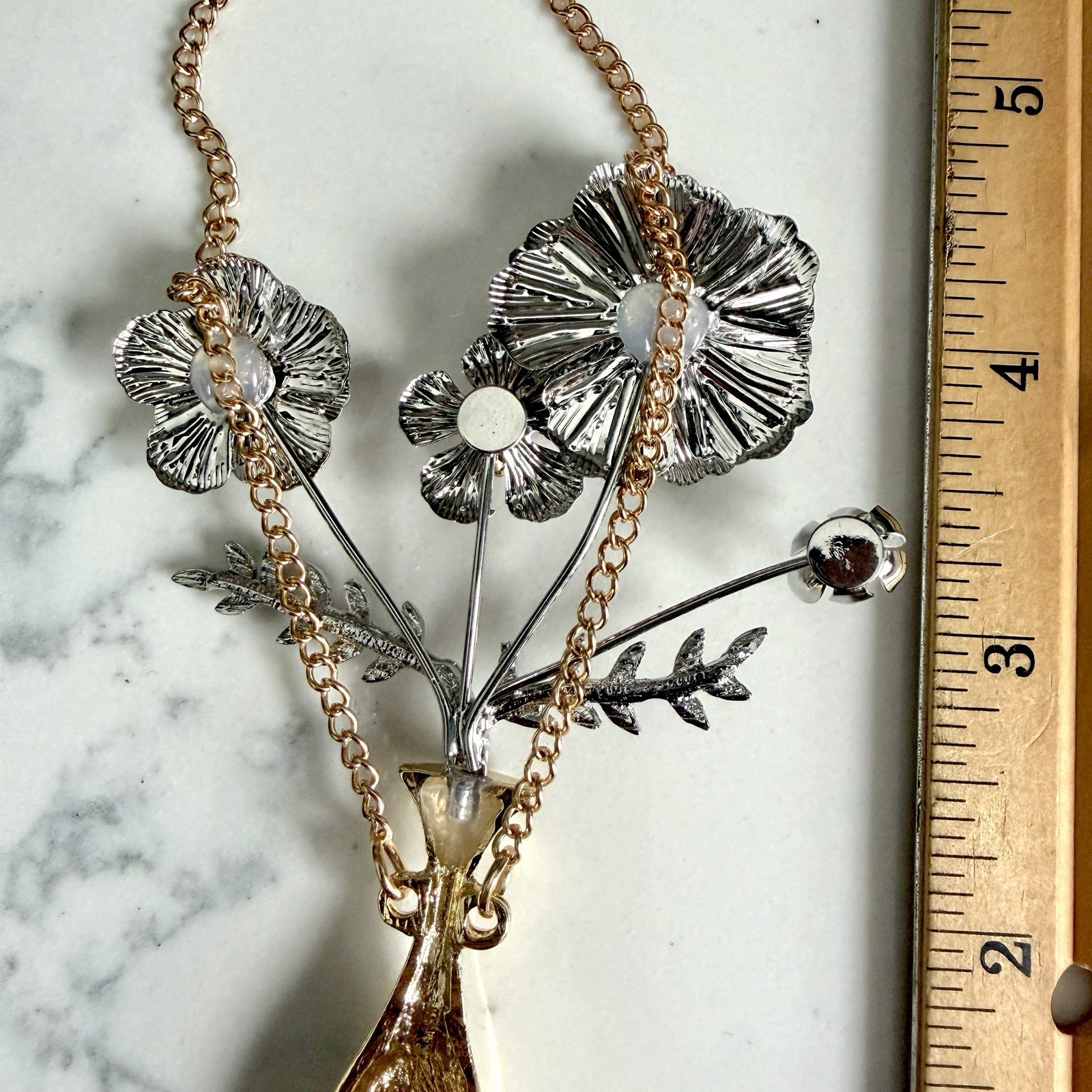 Flower Vase Gold & Silver Necklace Oversized Botanical Long Boho Jewelry NEW