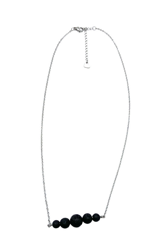 Black Round Nature Lava Rock Graduated Beads Aromatherapy Pendant Necklace 20″