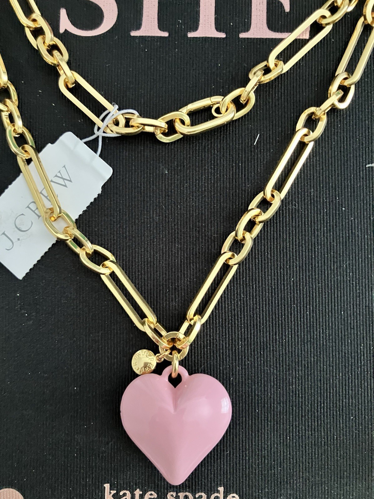 NWT J Crew Pink Enamel Heart Gold Tone Statement Necklace