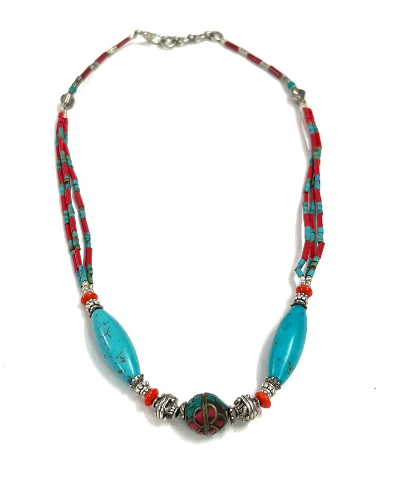 Turquoise Coral Gemstone Tibetan Statement Necklace Jewelry, 18 inch Adjus