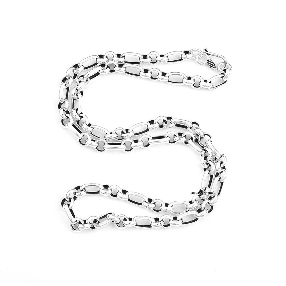 Real 925 Sterling Silver 4mm 5mm 6mm 7mm Rolo With Oval Link Necklace 17.7-33.4″