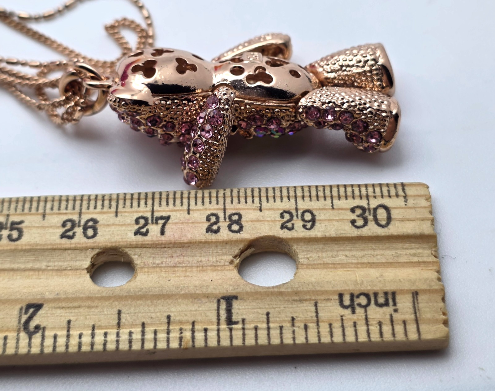 Rose Gold Tone Teddy Bear Pendant Necklace Pink AB Rhinestones 20 in Adj.