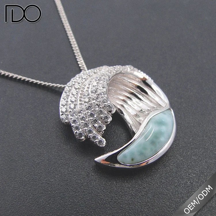 100% 925 Sterling Silver Ocean Sealife Wave Larimar Pendant Necklace Natual