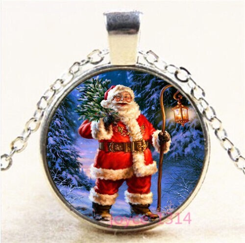 New! BONUS SANTA TREE Vintage Photo Cabochon Glass Silver Chain Pendant Necklace