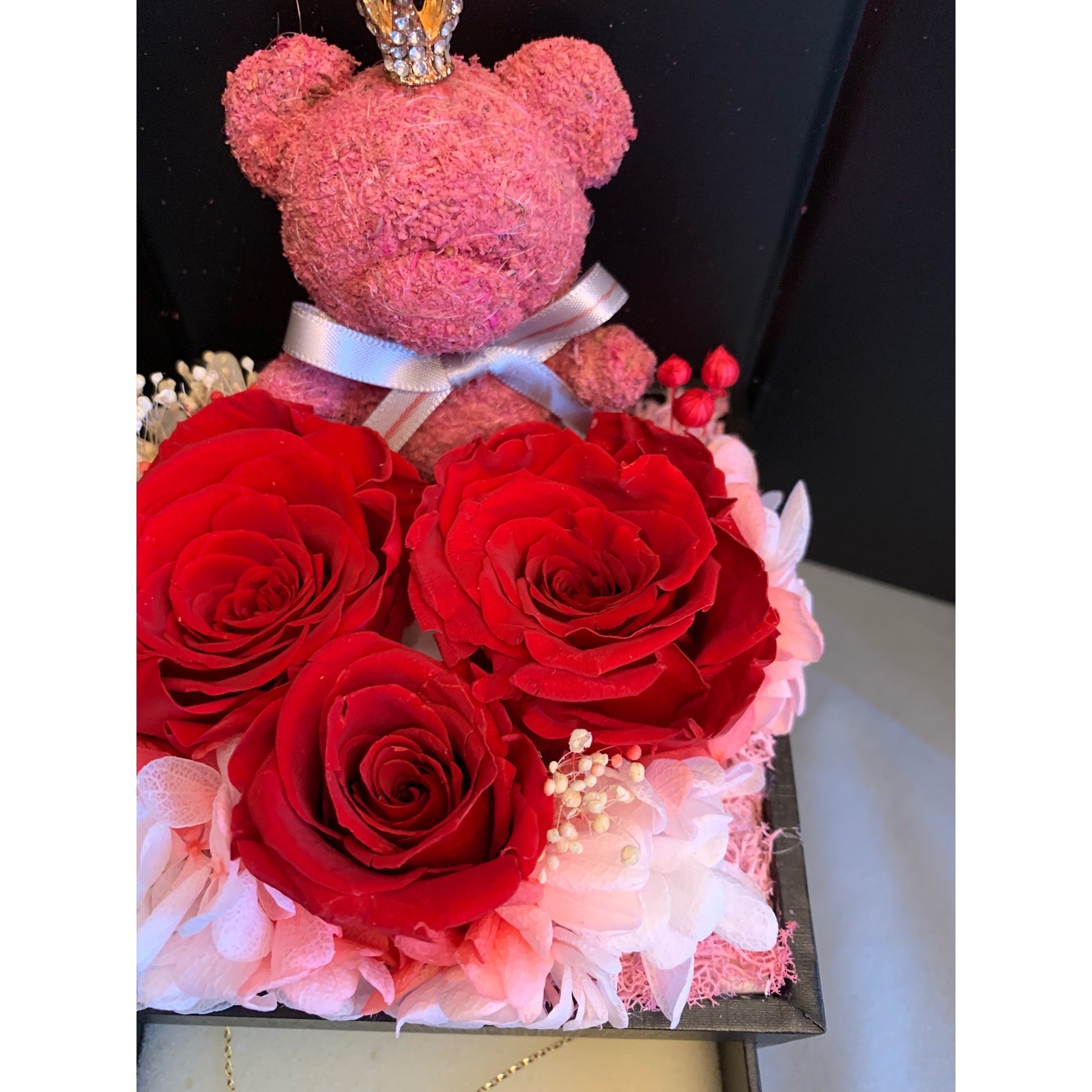 ADDwel Preserved Red Rose Gift Box with Necklace Gold Tone Bear Crown