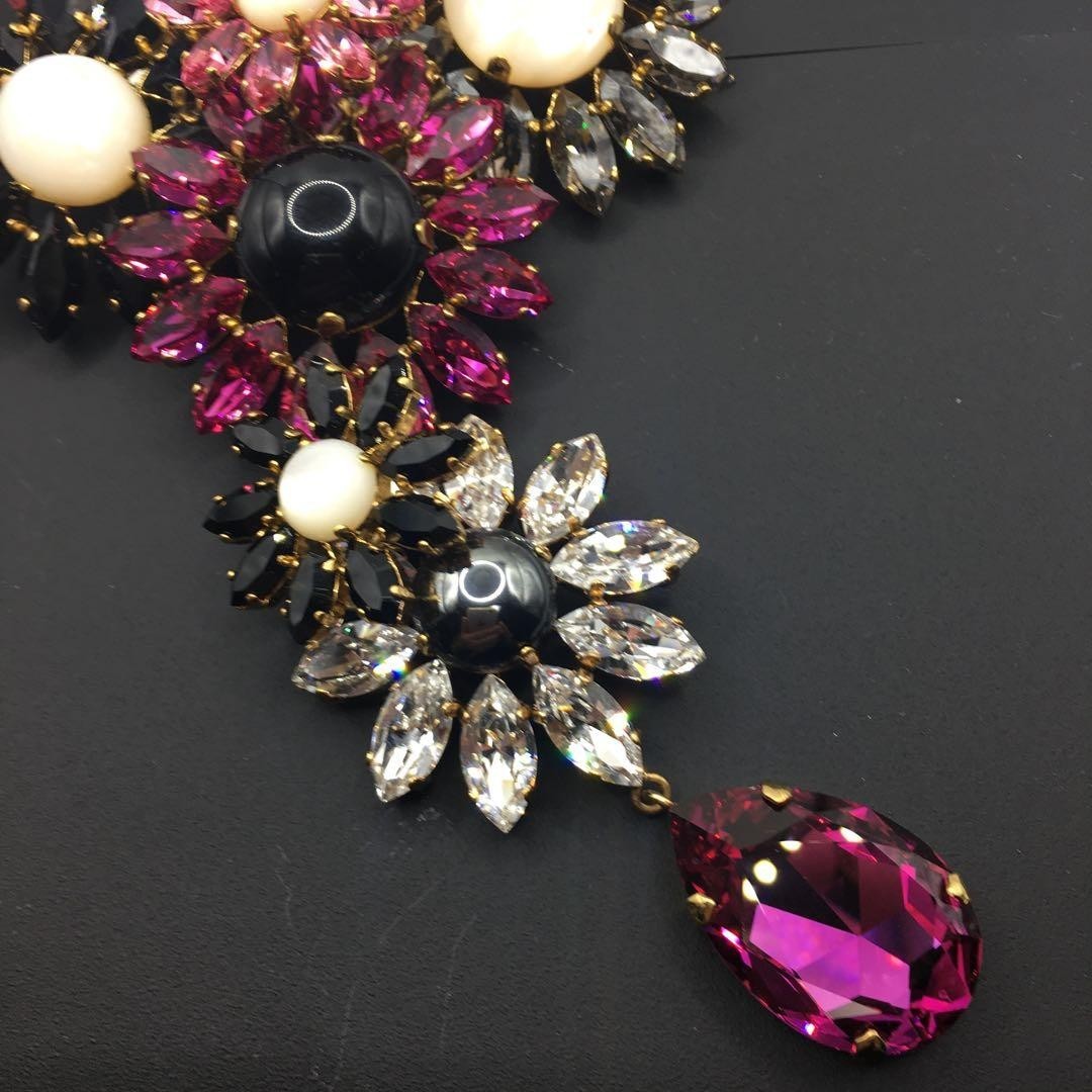 Philippe Ferrandis Pink Black Clear Bijou Flower Motif Necklace in Rare