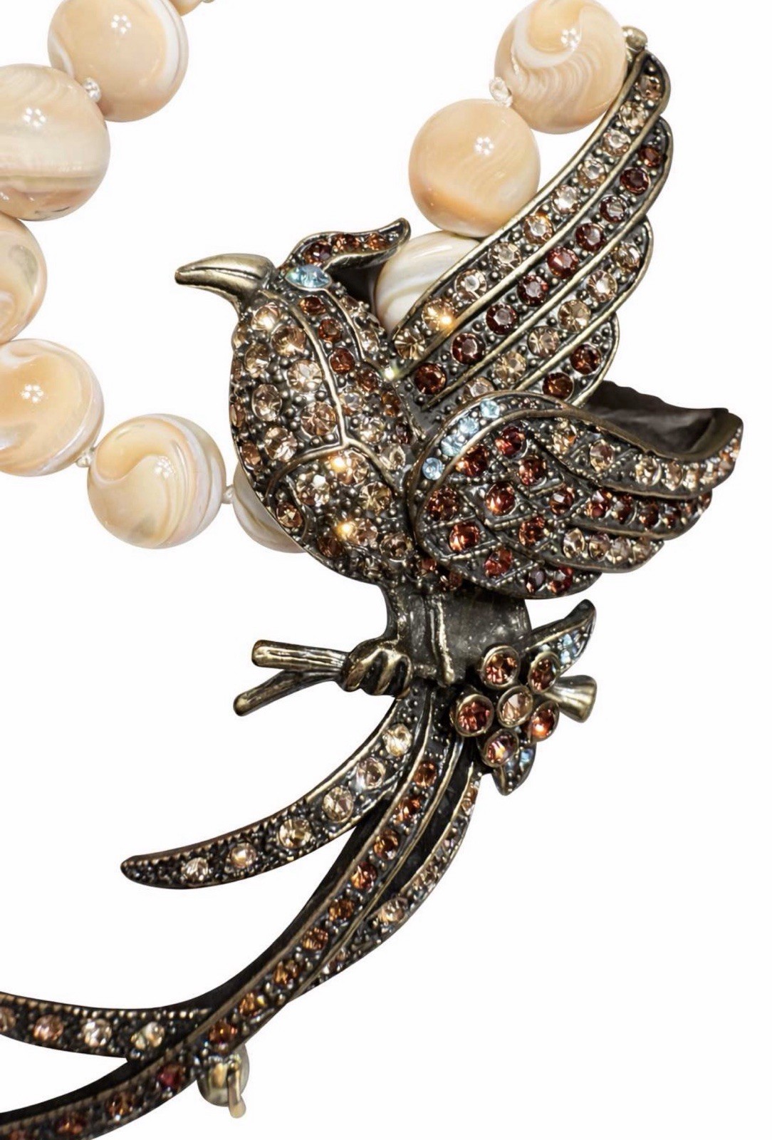 Heidi Daus Signed MOP Bead Crystal Bird Statement Necklace Flawless Vtg Style