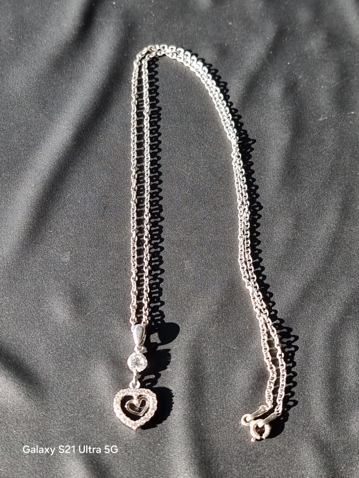 925 Sterling Silver Double Heart Cubic Zirconia Pendant on Belcher Chain. ( Genu