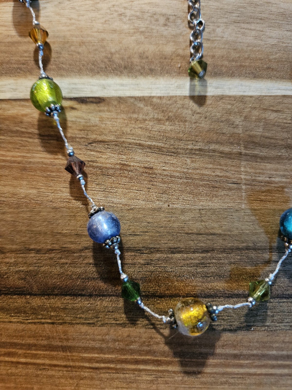 Variety of Colorful Artist-made Glass Beads On A Silver Tone Chain Necklace