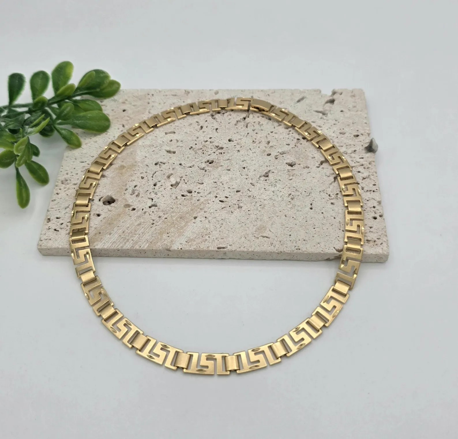 14k Gold Plated Greek Key Necklace, Diamond Cut Satin Finish Choker Unisex