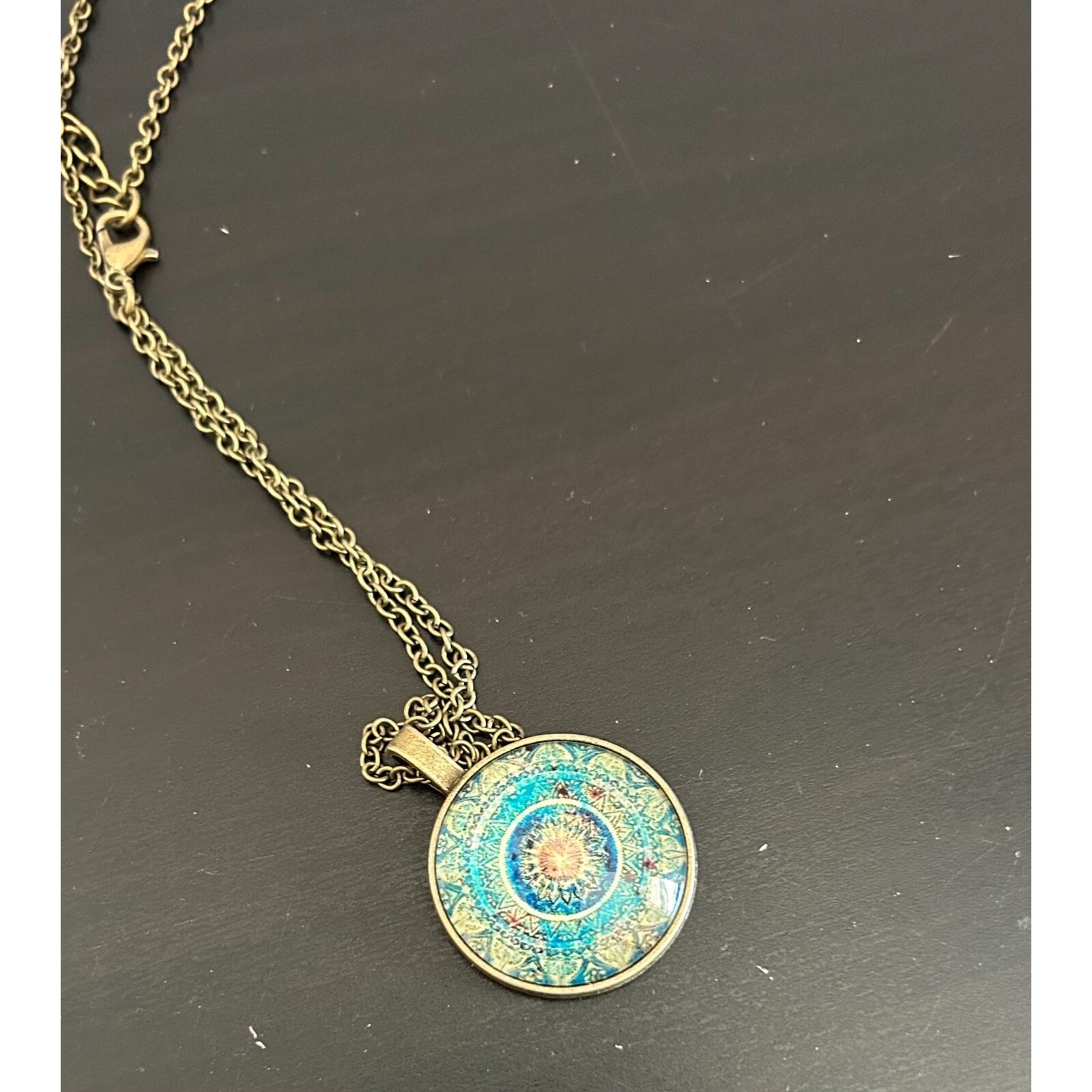 Kaleidoscope Pendant Chain Necklace Gold Tone Indian Mandala Om Hippy Buddhist