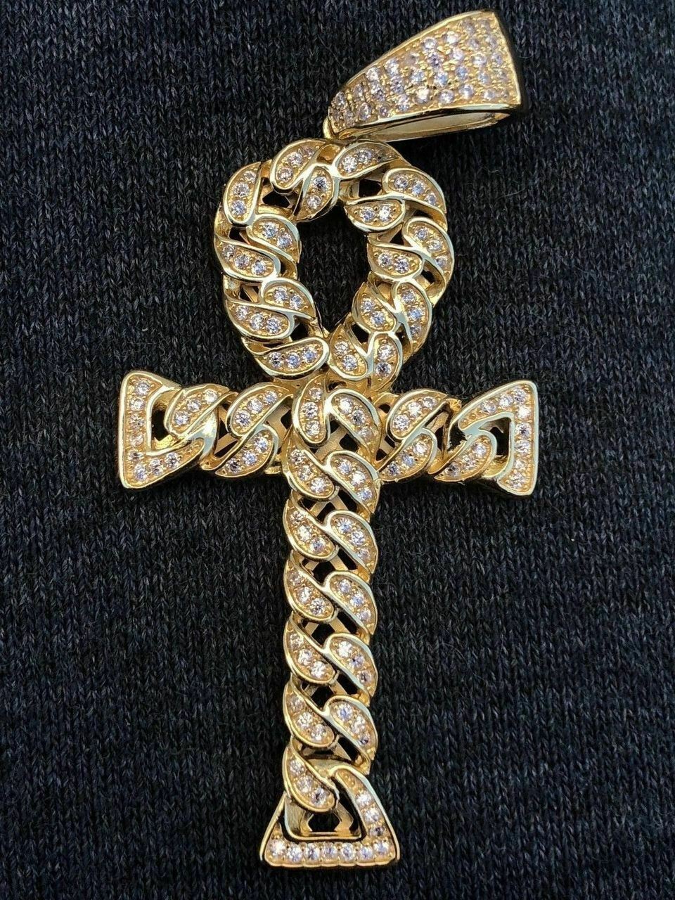 Ankh Cuban Link Cross 14k Gold Plated Solid 925 Sterling Silver Pendant 1ct CZ