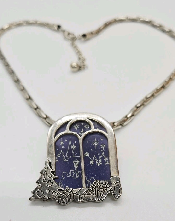 CHRISTMAS Pendant Necklace Brooch Window Scene Silver tone Necklace 20 in