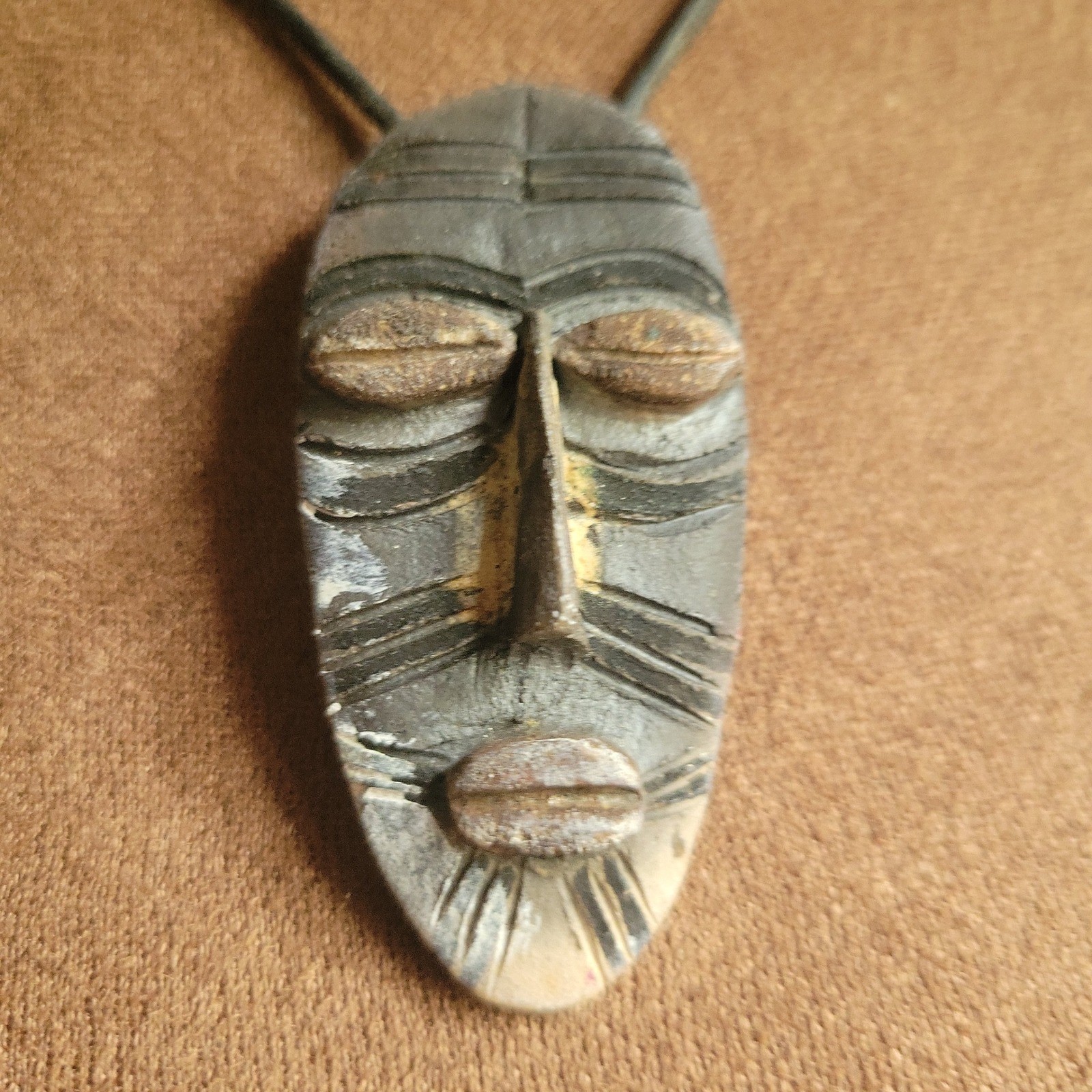 McDonald Signed Clay Tribal Mask Pendant Necklace Earthy Gray One Size Ethnocore