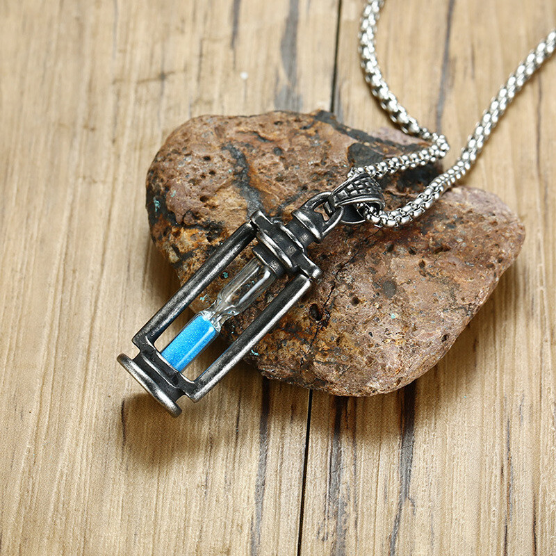 60 CM Titanium Steel Black Retro Hourglass Pendant Fashion Trend Men’s Necklace