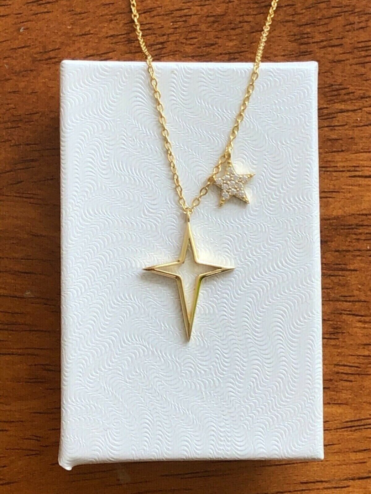 925 Sterling Silver Cz Star & North Star Pendant Charm Necklace Gold 7mm/19mm