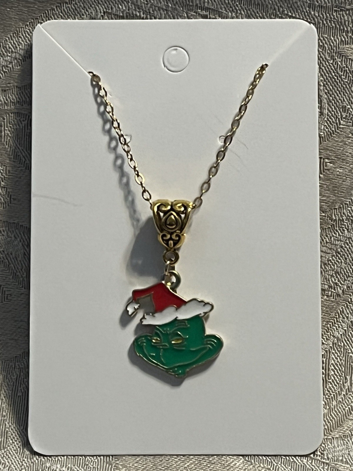 Grinch Christmas Holiday Gold Enamel Charm Adorable Boho Trendy Necklace 18”