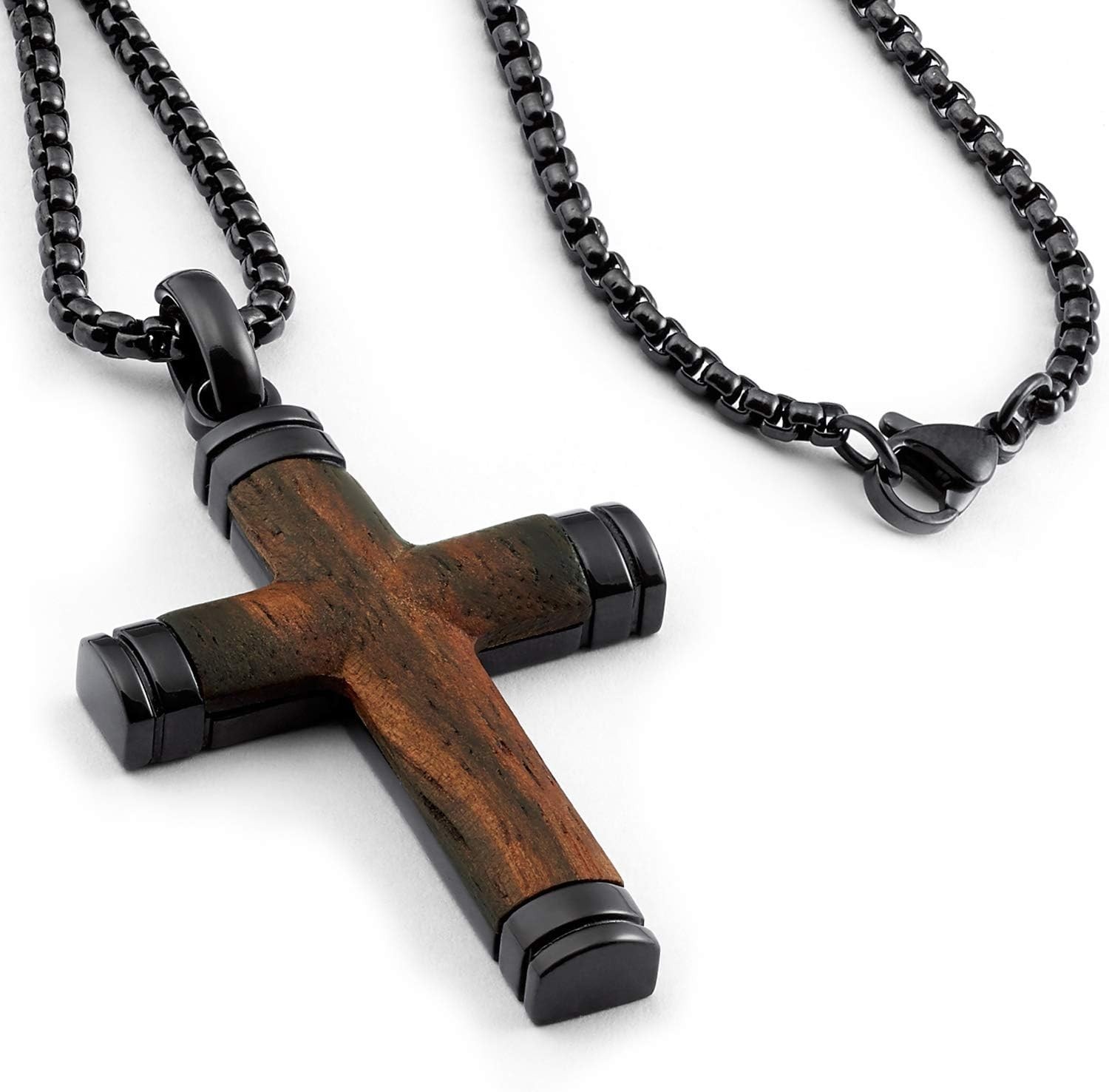 Men’s Black Stainless Steel Cross Pendant Necklace with Santos Wood Inlay | 24″