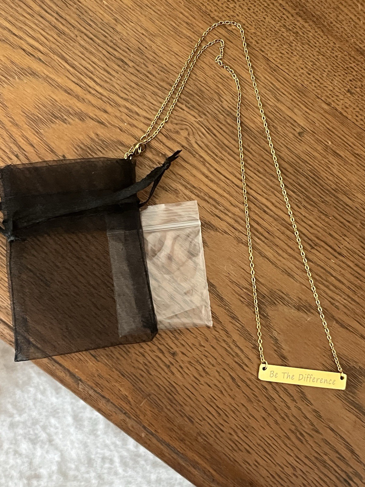 Gold Tone Engraved “Be The Difference” Bar Pendant Necklace, Cable Chain