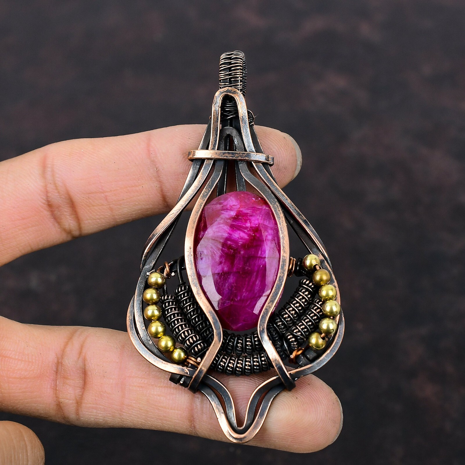 Womens day Sale Faceted Kashmir Rubi Stone Copper Wire Wrapped Wedding Pendant