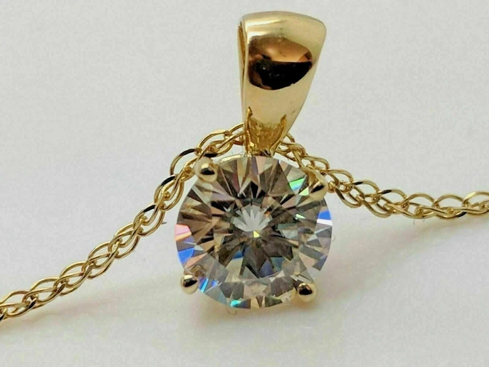 3CT Round-Cut Real Moissanite Solitaire Pendant 14K Yellow Gold Plated 18″ Chain