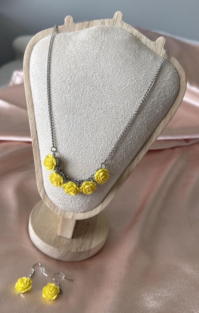 Sunflower Rose Charm Necklace & Earrings Set Yellow Flower Silver Tone Jewelry