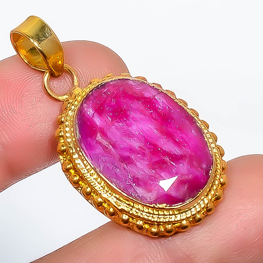 Ruby (Lab-Created) Gemstone 925 Silver Gold Plated Pendant 1.56″ P7622-321