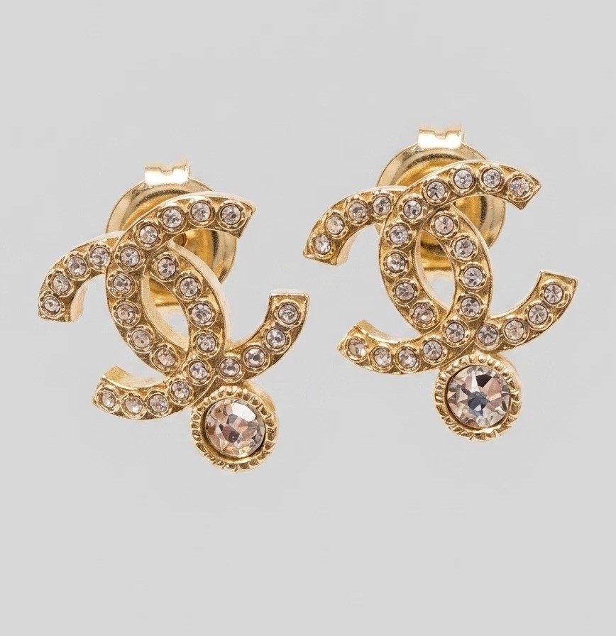 CHANEL Gold Crystal CC Earrings PREOWNED