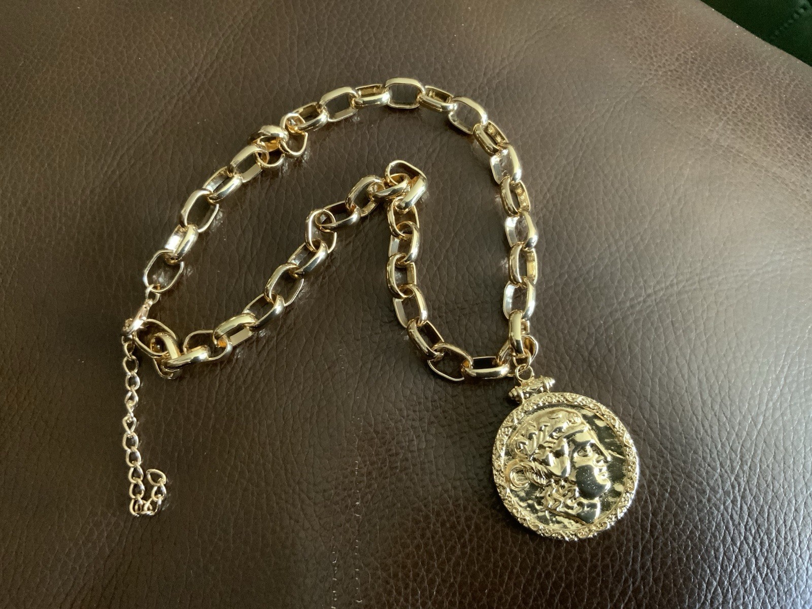 Chico’s Coin Gold Medallion Chain Necklace Greek Roman Statement Boho Portrait