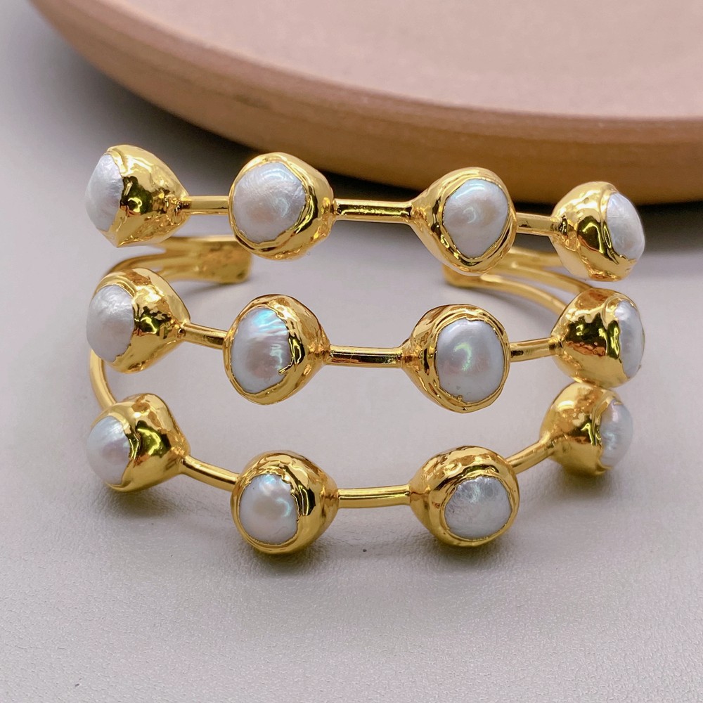 Muli Rows White Freshwater Pearl Bangle Bracelet Female Jewelry