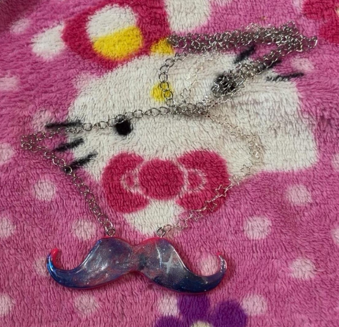 Handmade Pink & Blue galaxy Glitter Mustache Necklace