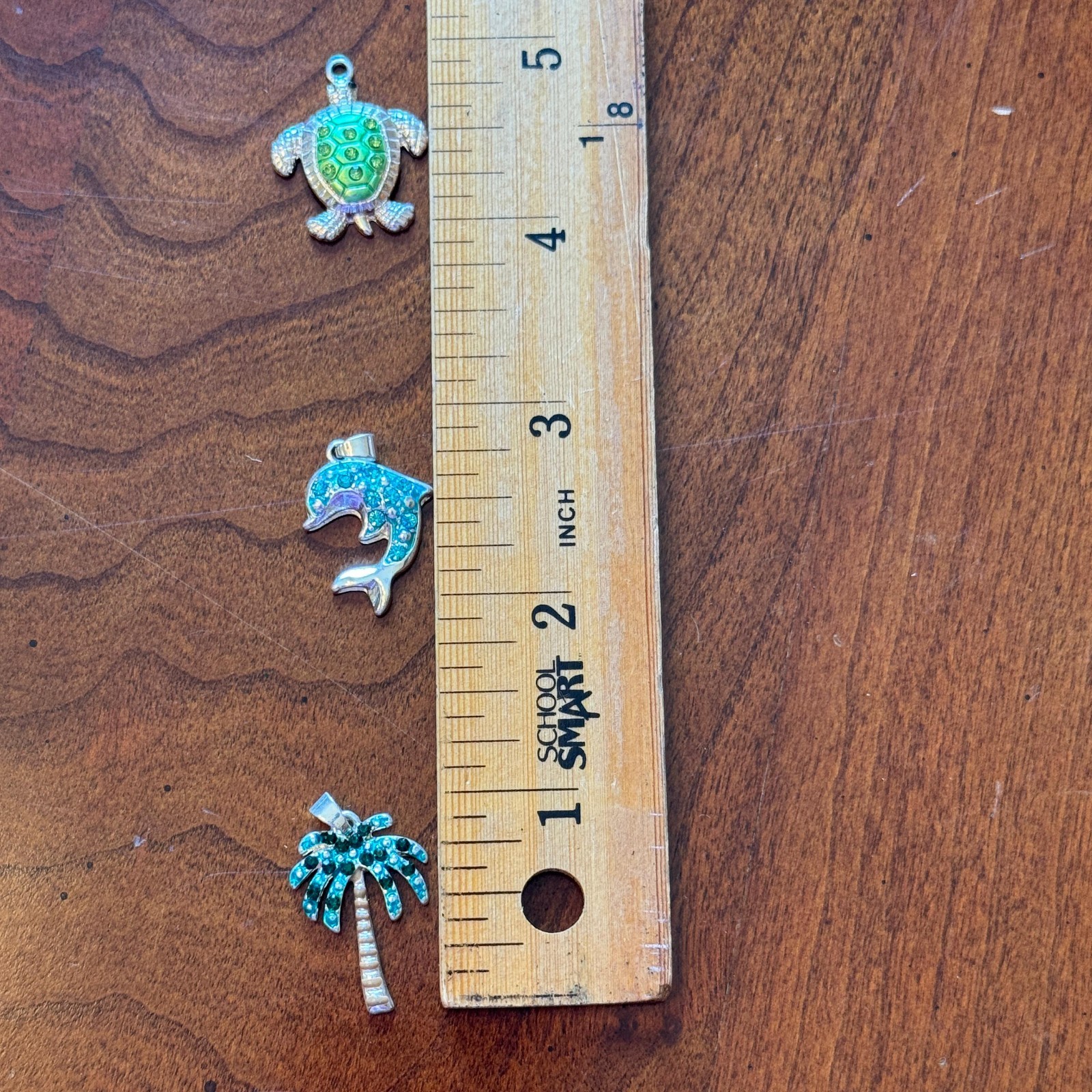 3 Beach Charms Pendants Silver Tone Rhinestone Sea Turtle Dolphin Palm Tree