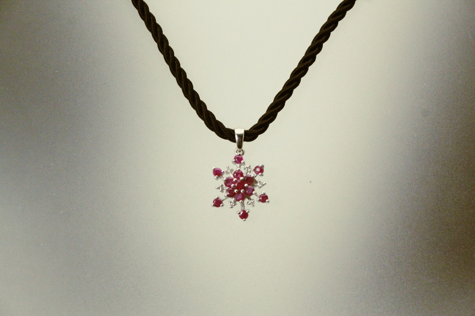 Red Ruby & Diamond Chips Snowflake Sterling Pendant Black Cord 5.4g (NEC5716)