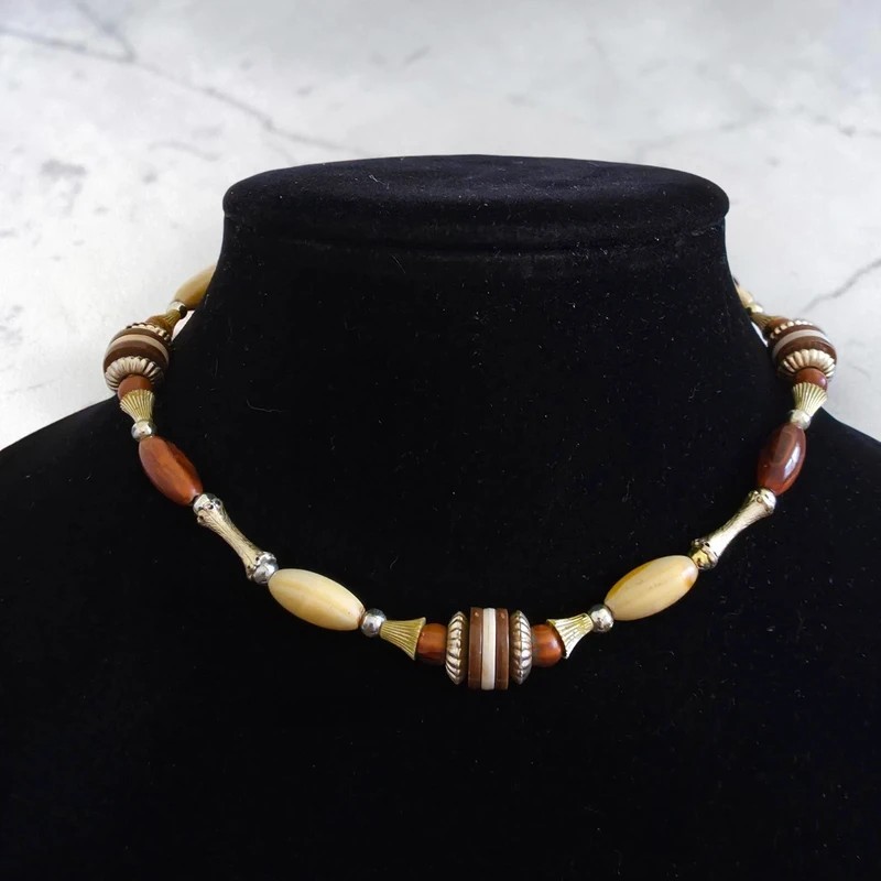 Vintage Wood & Metal Bead Choker – 37cm – Classic Design Wooden Gift Unique