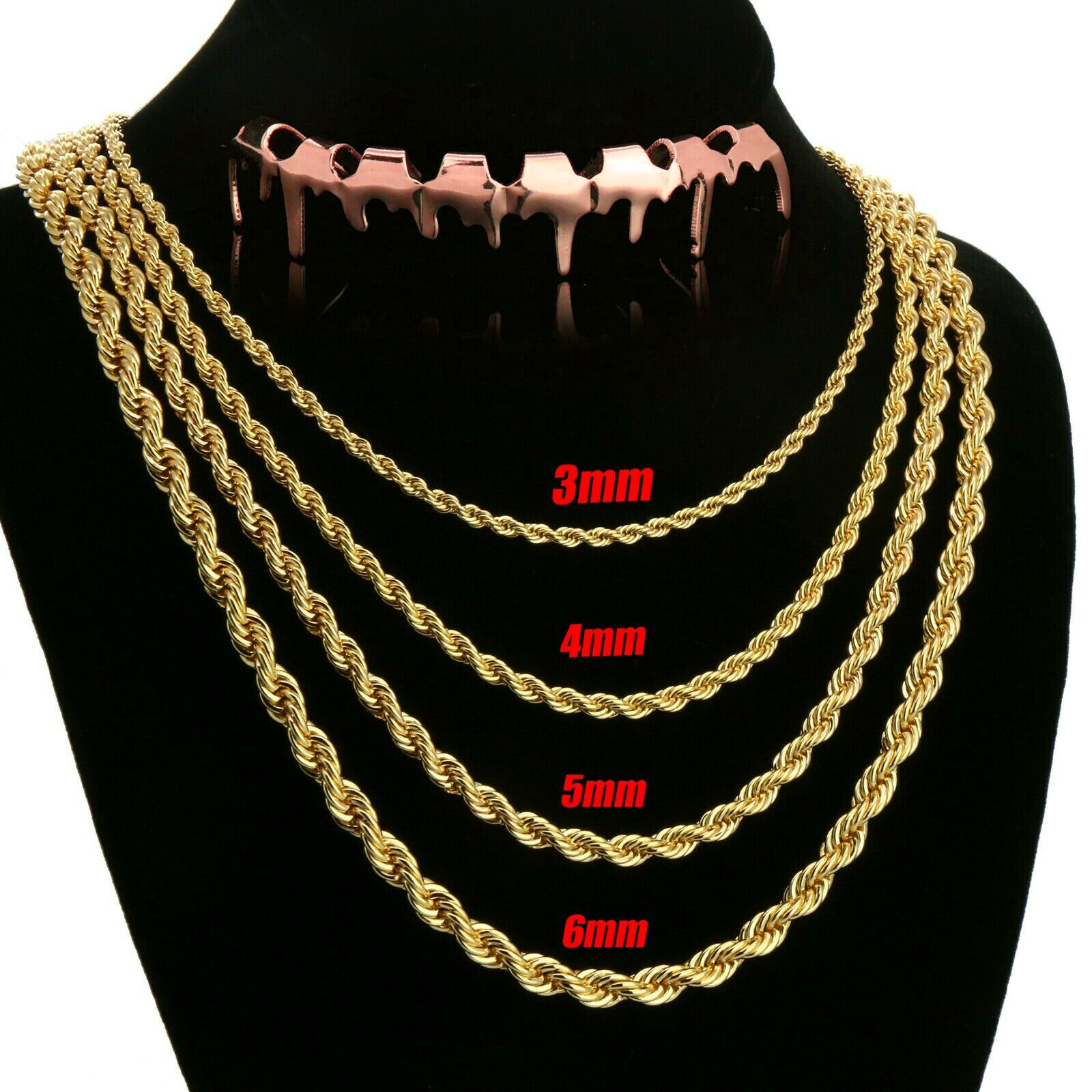 Hip Hop Rope Chain Necklace 20,24,30,36″ 14K Gold Plated Finish + Drip Grillz