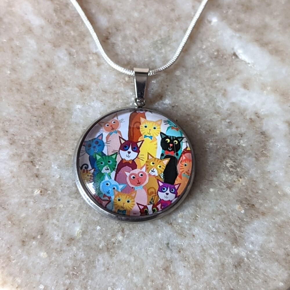 Cartoon Cats Hand Crafted Stainless Steel Charm Stamped Sterling Silver Necklace